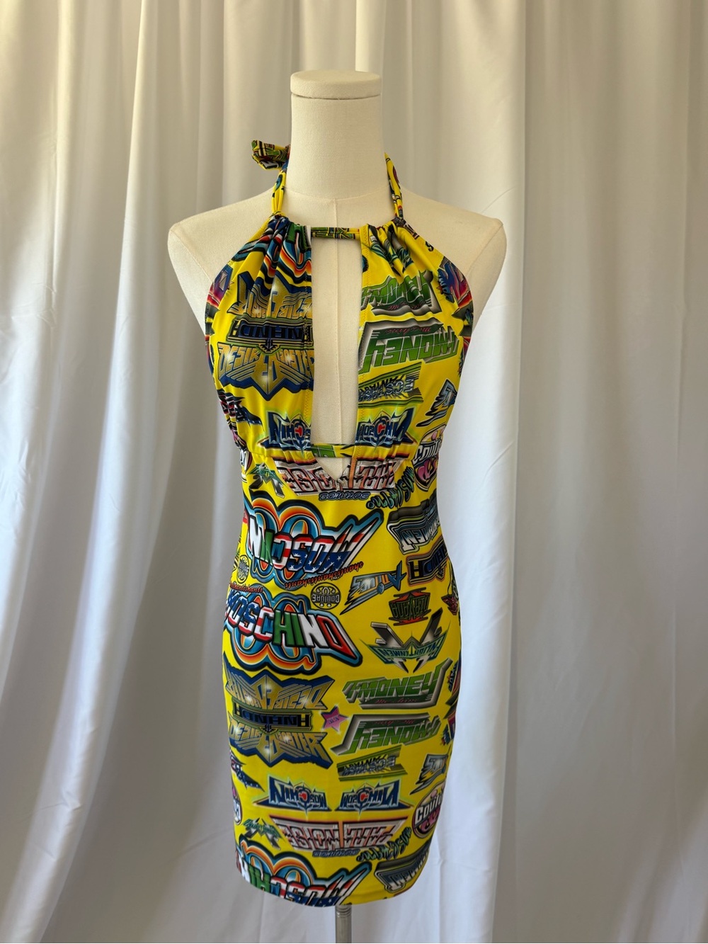 Moschino Yellow Graphic Halter Keyhole Mini Dress